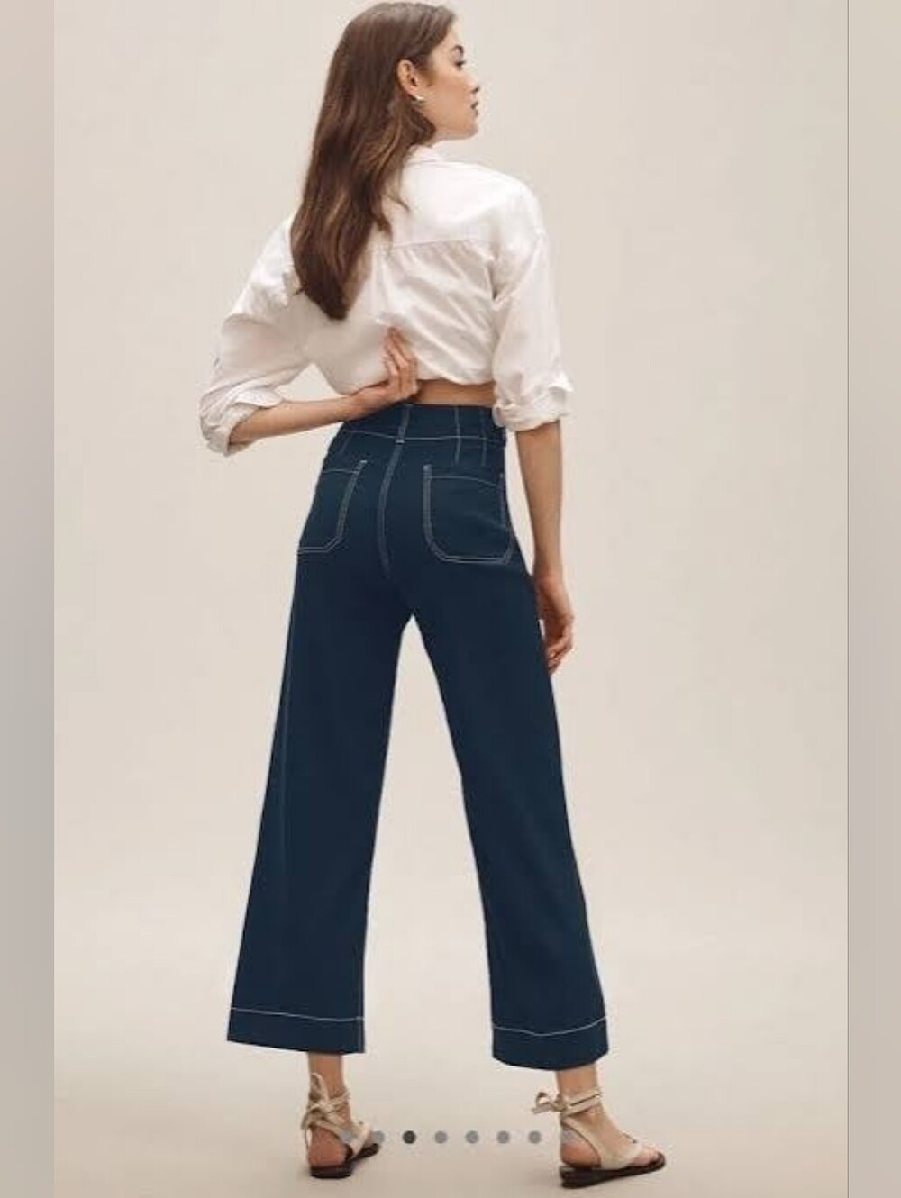 Anthropologie Maeve Colette Navy Blue Contrast-Stitch Linen Crop Wide-Leg Pants